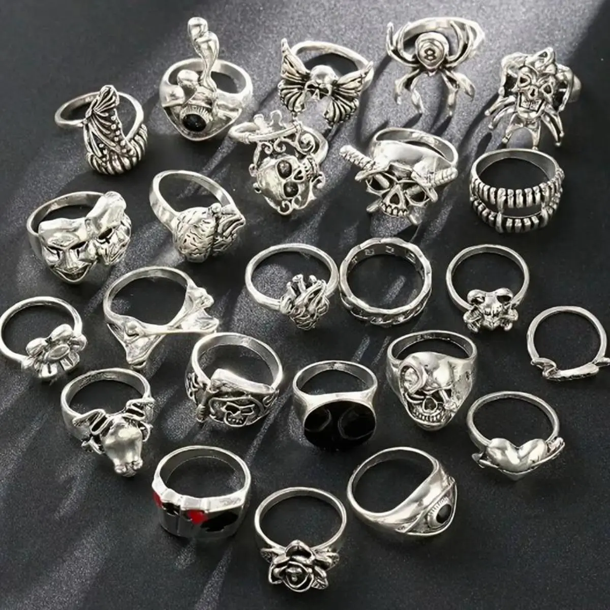 Men’s 24-Pack Gothic Statement Rings - Witchcraft, Goth, Alternative Artistic Alloy Steel Rings, Silver-Tone Adjustable Fitted Punk Hip-Hop Costume Jewelry for Daily & Party Use, Witchcraft Rings