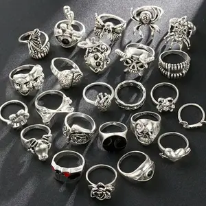 24-Piece Gothic Ring Set - Men’s Versatile Hip-Hop Silver Tone Unique Daily Party Accessory