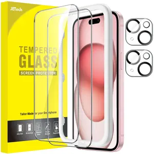 JETech Screen Protector for iPhone 15 Series with Camera Lens Protector, Easy Installation Tool, Tempered Glass Film, HD Clear, 2-Pack Each