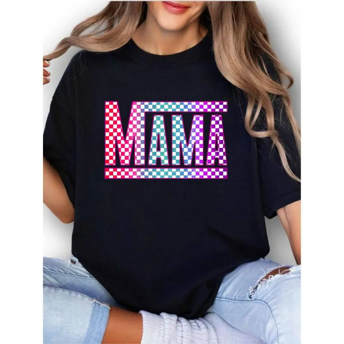[100% Cotton] Checkered Mama Unisex Apparel Relaxed Fit Printed  Golf Gift T-Shirt For Men and Women Fitted Crewneck Comfy Piece Breathable Top Womenswear Fabric Soft Everyday
