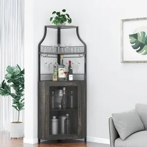 Corner Bar Cabinet with LED Lights, Industrial Liquor Cabinet with Adjustable Shelf, 5-Tier Industrial Wine Cabinet with Glass Holder, Home Bar Cabinet, Coffee Bar Cabinet