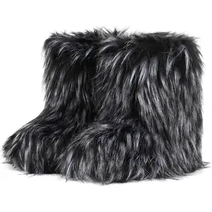 Women Faux Fur Boot Furry Fluffy Round Toe Suede Snow Winter Women Boots Comfy Plush Warm Short Outdoor Indoor Flat Shoes Mid-Calf Boots