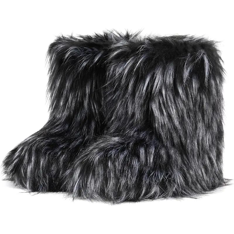 Women Faux Fur Boot Furry Fluffy Round Toe Suede Snow Winter Women Boots Comfy Plush Warm Short Outdoor Indoor Flat Shoes Mid-Calf Boots