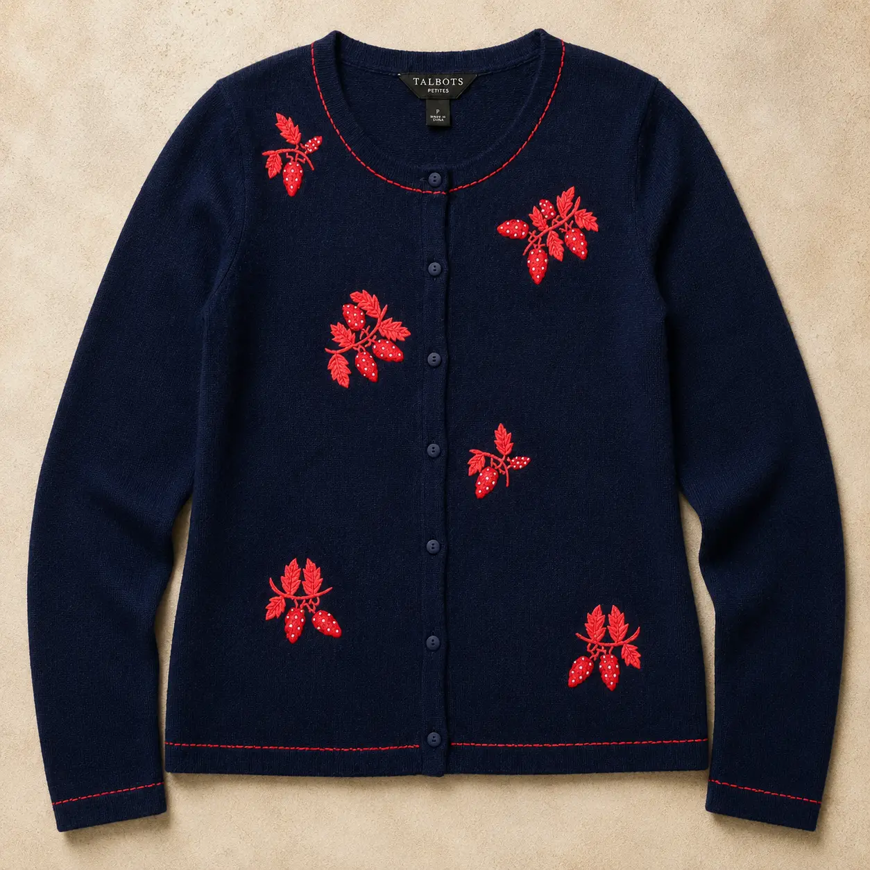 Women's Petite Small Talbots Preppy Knitwear Cardigan - Lightweight, Fitted, Button-Front, Strawberry Embroidered, Contrast Binding, Appliqué Tops for Women's Clothes, Fabric, Appliqué Women's Cardigans
