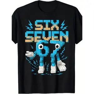 Men's Cool Graphic Tee - 8-Bit Number 67 Italian Brainrot Meme Design, Casual Short Sleeve Round Neck Math Joke Top for Wednesdays, Gaming Events