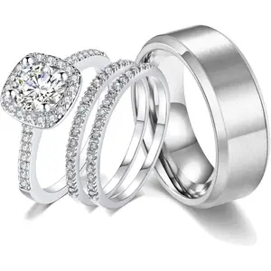 18k White Gold Plated Wedding Ring Sets for Him and Her Womens Mens Titanium Stainless Steel Bands 2Ct Cz Couple Rings