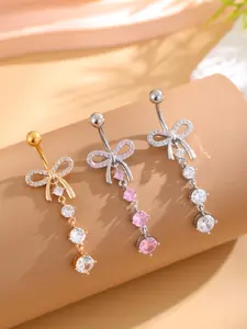Y2K Sexy Bow Belly Button Ring with 4 Sections Sparkling Zircon Inlay Long Pendant, Women's Stainless Steel Piercing Jewelry for Daily Wear, Belly Rings
