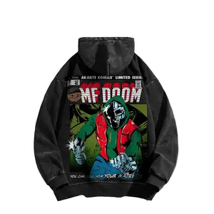 MF Doom Washed Hoodie, MF Doom merchandise, 90s hip-hop street style hoodie, made in the USA, suitable for rappers and retro music lovers, black casual cotton fabric.
