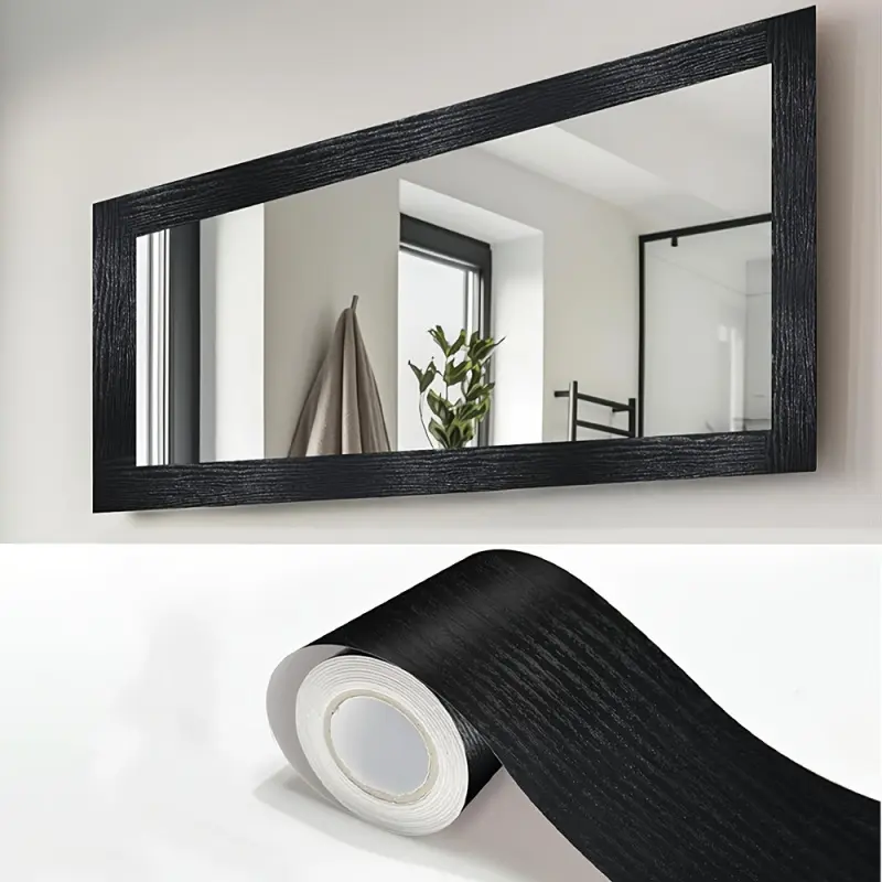 1 Roll (393 Feet Length) Removable Self-Adhesive Wood Grain Wallpaper Mirror Frame Border |     PVC Black Frame with White Glossy Finish, Easy to Install/Remove, Suitable for Bathroom, Windows, Door Decor & Paintable Surfaces, DIY Wall Mounted