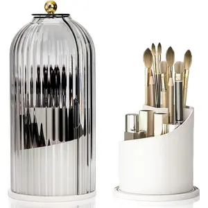 Makeup Brush Holder Organizer with Lids, 360°Rotating Clear Dustproof Make Up Brush Container Box, Vanity Spinning Cosmetic Tools Storage Cup for Desktop Office Bathroom Countertop