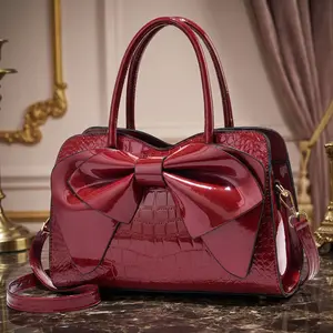 Luxury Wine Red Patent Leather Handbag – Large 3D Bow Crocodile Embossed Satchel – Elegant Burgundy Wedding & Party Crossbody Purse Hand Shoulder Bag