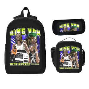 King Von Theme Backpack Three-Piece Set - Student Backpack Pencil Case & Lunch Bag Bundle Rest In Peace Design for Daily School Needs