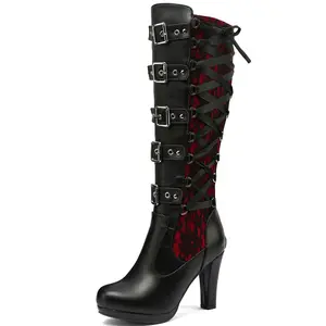 Gothic style high-heeled boots, with front pointed buckle design, side-opening zipper, large heel, cowgirl boots, women's denim boots