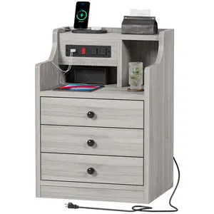 SIKAIC Grey Nightstand Table - 3-Drawer Bedside Cabinet with Charging Station, Indoor Furniture for Bedroom Decor Accessories