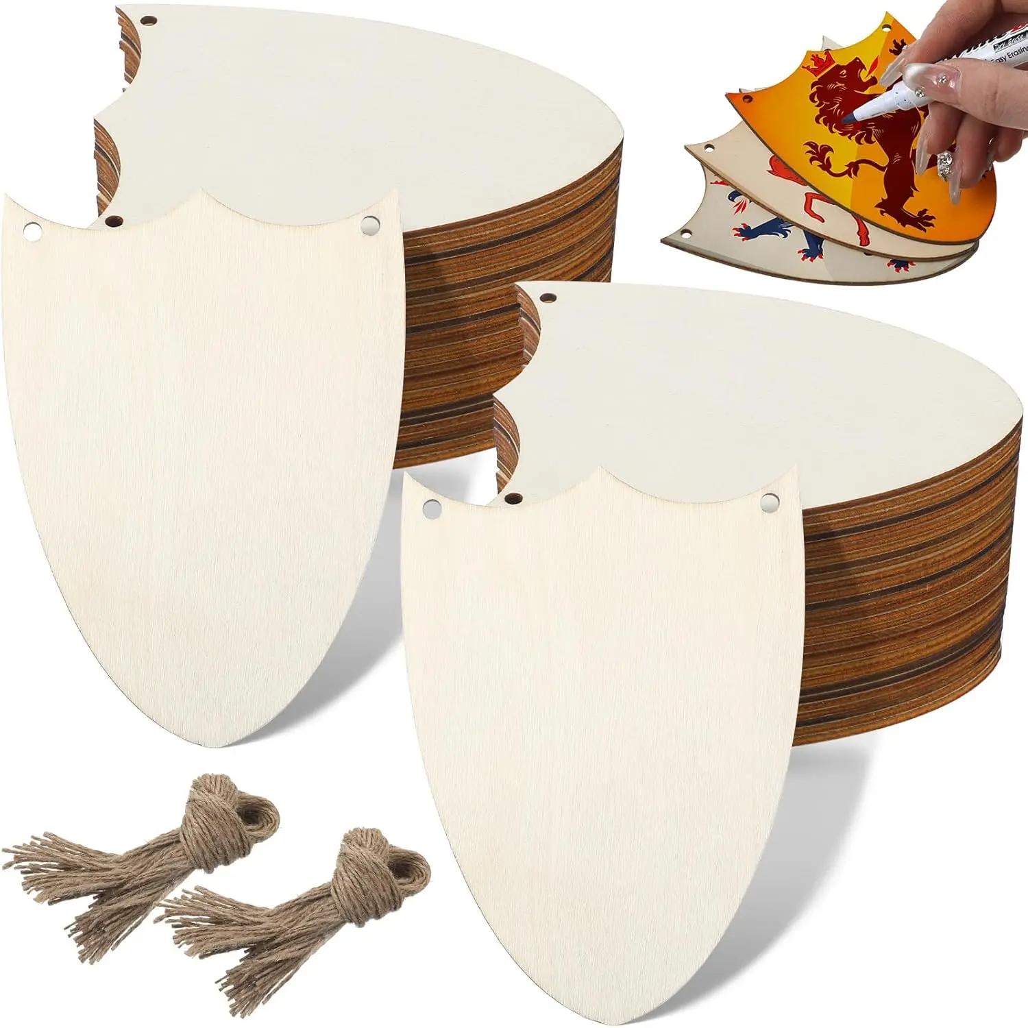 Suzile 48 Pieces Natural Wood Shield Cutouts - Unfinished DIY Crafts Set with Holes & Hemp Ropes, Gift Tags for Father's Day, Holiday Parties Decorations & Favors (2.83 x 3.94 inches), Adults