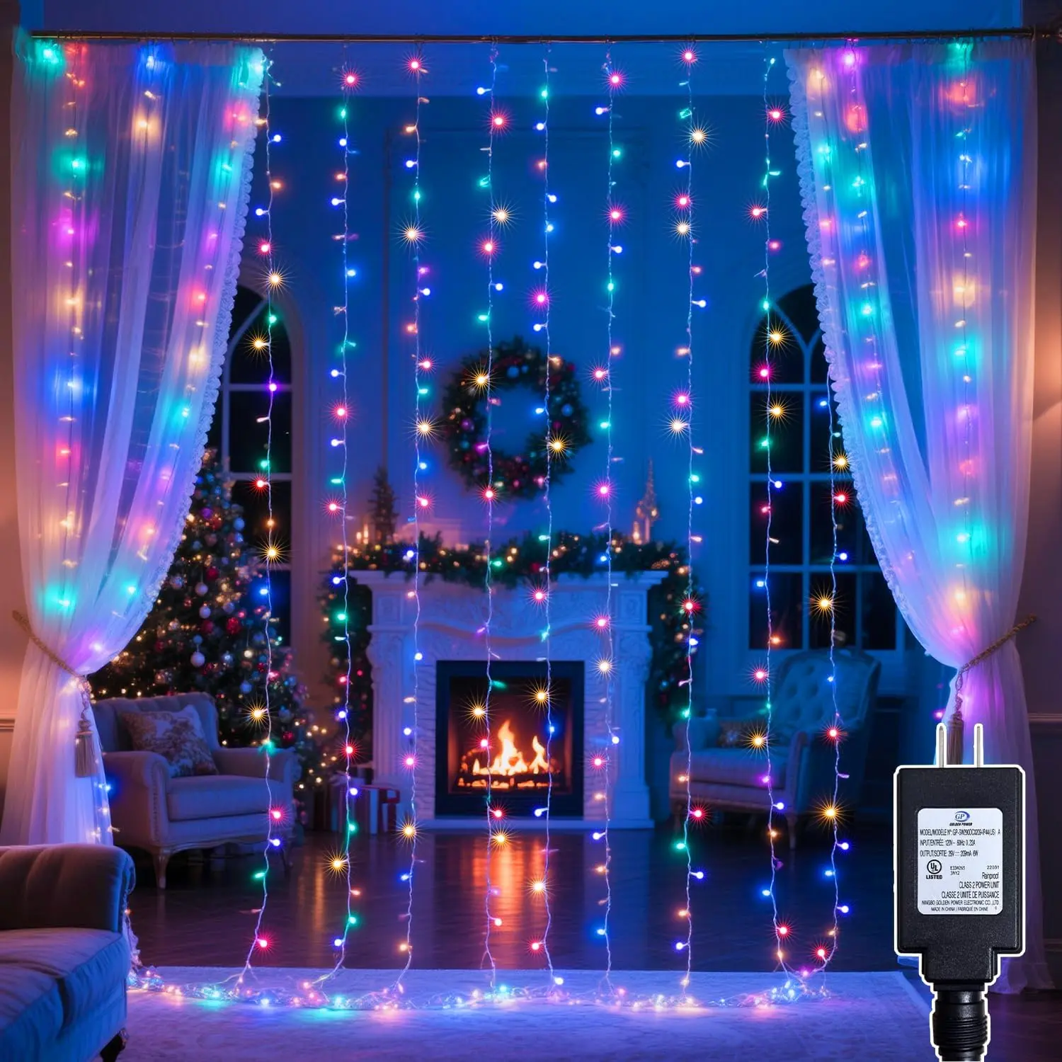 200 LED Rainbow Curtain String Lights 9.8 * 6.6FT Plug in Fairy with Timer and 8 Modes,  Window Wall Lights for Bedroom Wedding Party Indoor Outdoor Christmas Decor