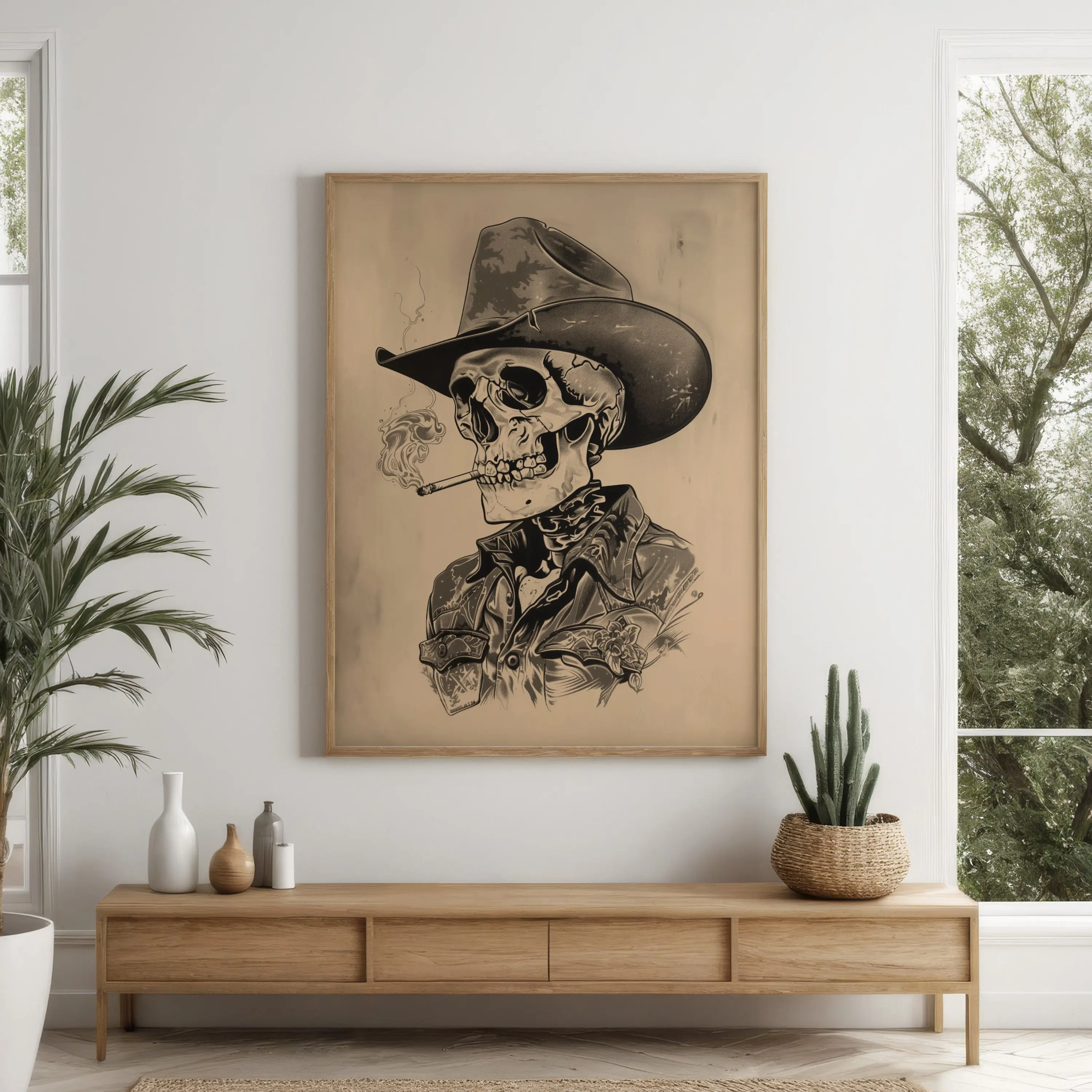 skeleton cowboy print poster no framed, western art, day of the dead, floral skull, vintage art, southwest art, western wall decor, southwest home decor