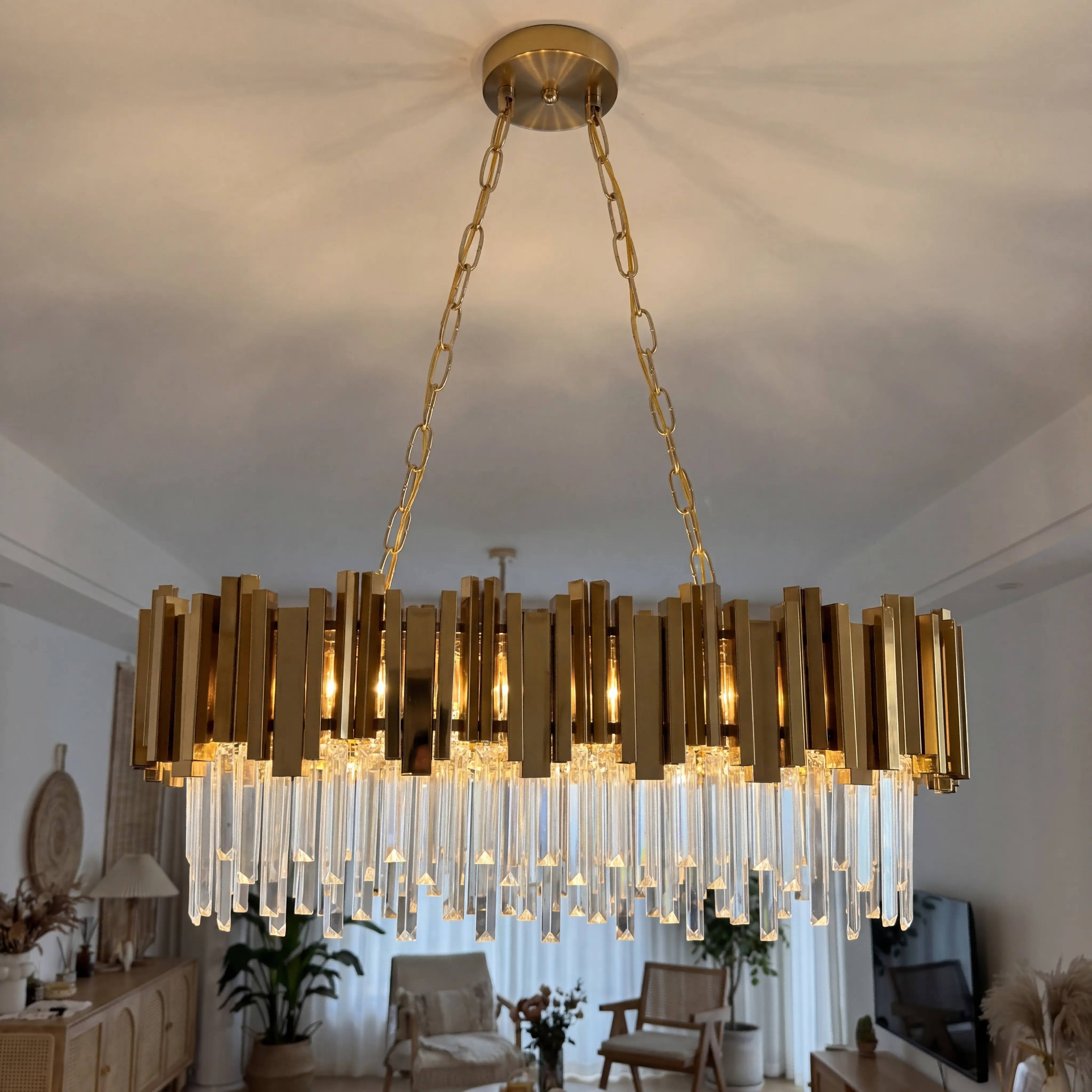 Modern Gold Crystal Chandelier, Oval  K9 Crystal Linear Pendant Light,  Adjustable Hanging Chain Light Fixture, E12 Base Luxury Light Fixture for Kitchen Island Dining Room Living Room, Bulbs Not Included