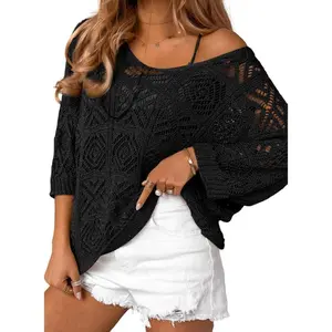 Women's 2026 Spring Summer Crochet Hollow Out 3/4 Sleeve Pullover Sweater Off Shoulder T-Shirts(Sheet)