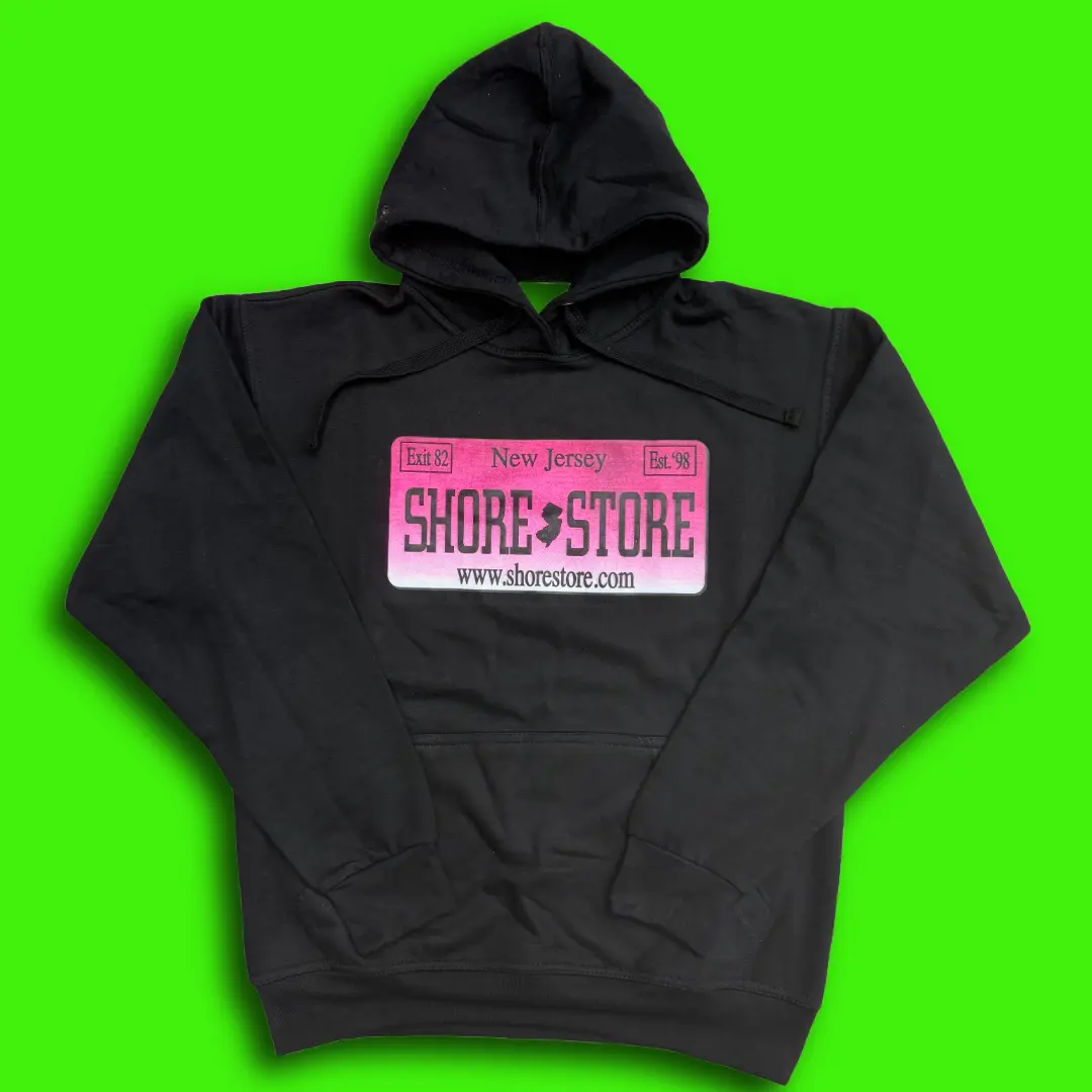 Shore Store Pink License Plate Fleece Pullover Hoodie - Black, Unisex Fit Cotton Sweatshirt with Kangaroo Pocket, Drawstring, Long Sleeve Women's Sports Top, Sweatshirts, Gradient, Print, Jersey, Clothes
