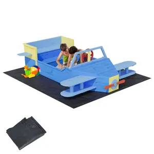 GARVEE Fir Wood Airplane-Shape Sandbox with Padding, 2-Tier Benches, Drainage Base, Propeller, Wings, Rudder, Outdoor Stuff for Kids, Sandpit for 3-8 Year Olds’ Creative Play, Ideal for Backyard, Patio