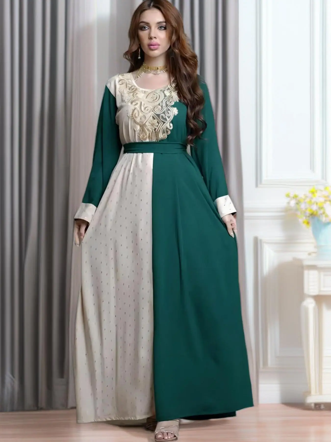 Arabic Clothing-Women's Colorblock Embroidered Belted Batwing Sleeve Arabian Dress, Elegant Long Sleeve Round Neck A Line Dress For Spring & Fall, Wom