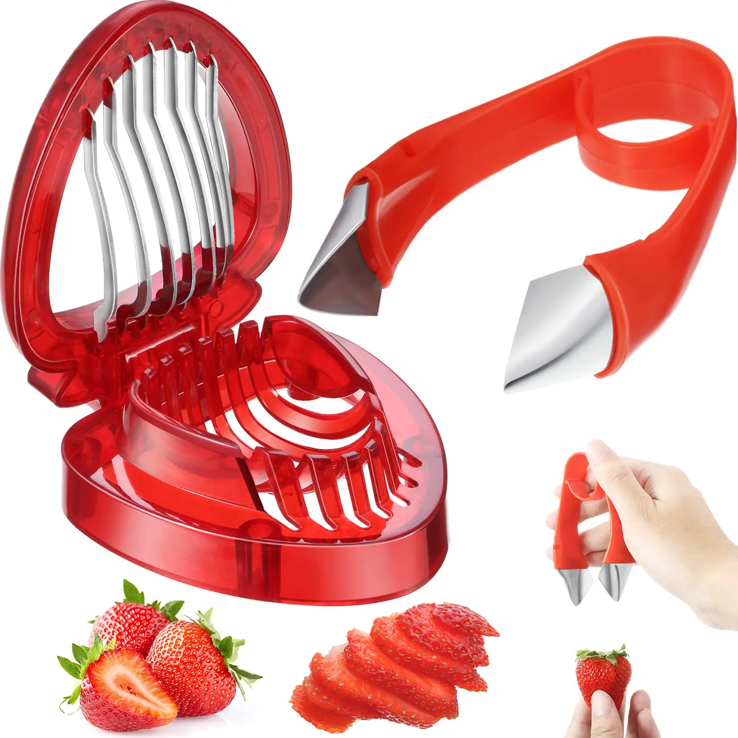 2 Pieces Strawberry Slicer Cutter Set, Strawberry Huller Stem Remover Fruit Leaves Huller Peeling Tool Kitchen Accessories Corer For Strawberry Tomato Pineapple