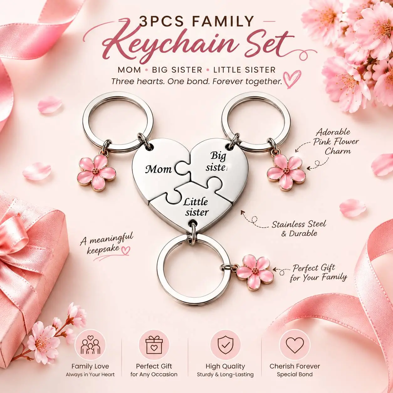 【Mother's Day Gift】3-Piece Family Keychain Set for Mom, Big Sister & Little Sister, Sweet Meaningful Gift for Mother's Day, Birthday, Regalo Para Familia Fashion Accessory