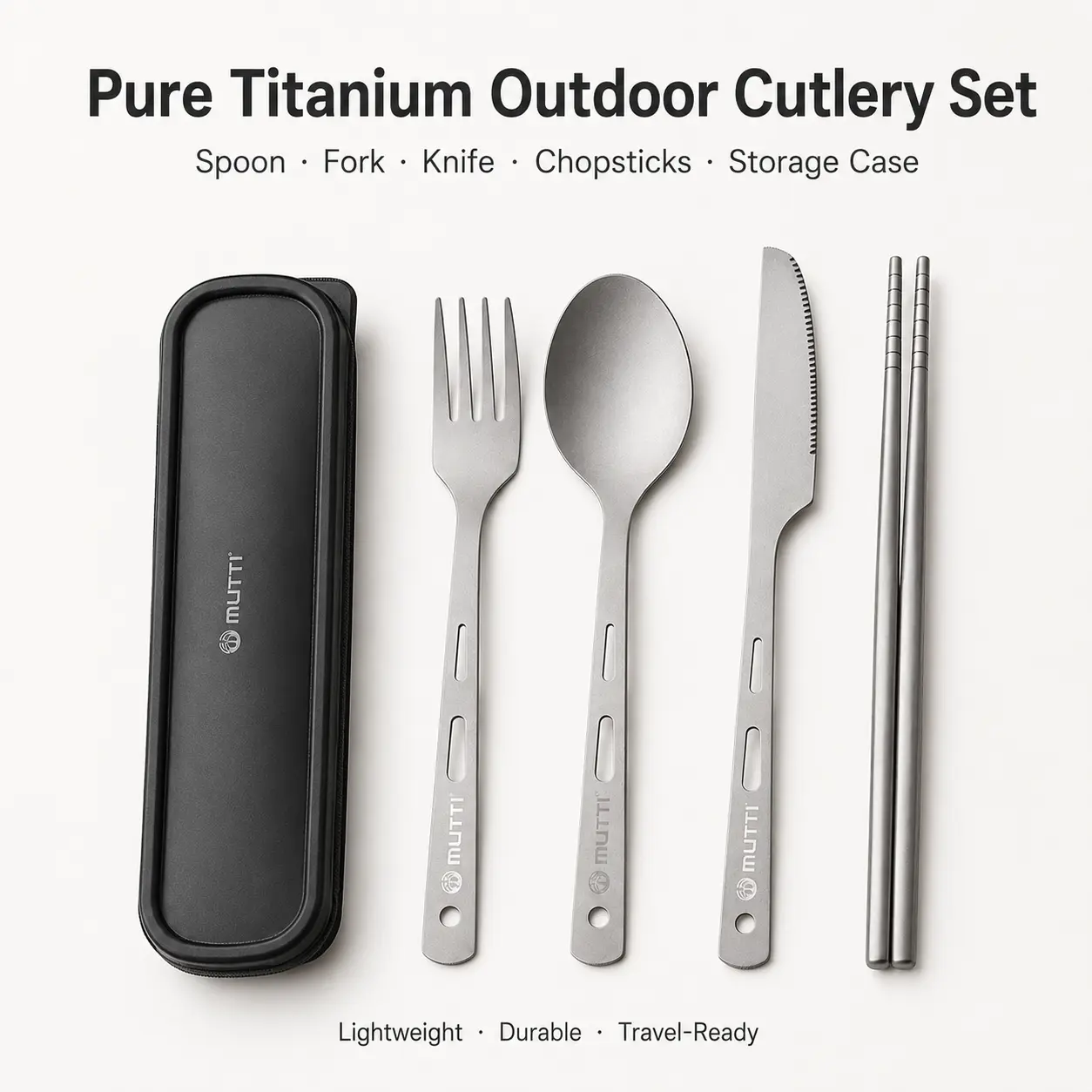 Pure Titanium Multifunctional Cutlery Set—a portable, pure titanium cutlery set with a storage case, featuring a spoon, fork, chopsticks, and knife set ideal for outdoor trips, camping, and backpacking Set