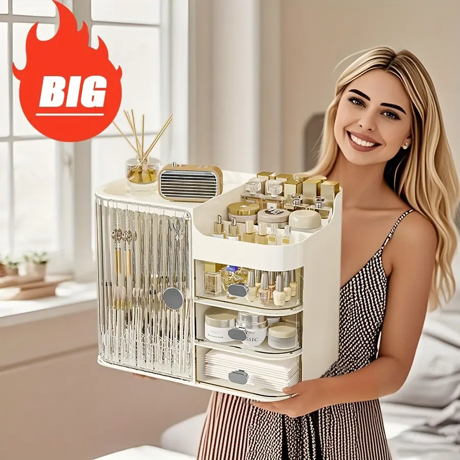 Large-Cap Compartmentalized Makeup Organizer Storage, Multi-Compartment Dust-Proof Container Organizer with Drawers & Brush Holder, Vanity Desktop Box for Bedroom Storage Organization
