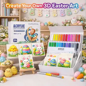 24-Color Acrylic Creative Markers with Brush Tip, Direct Ink Roller System, Layerable, No Bleed, Bold Marks on Light & Dark Surfaces for Drawing, Gifting & Teaching