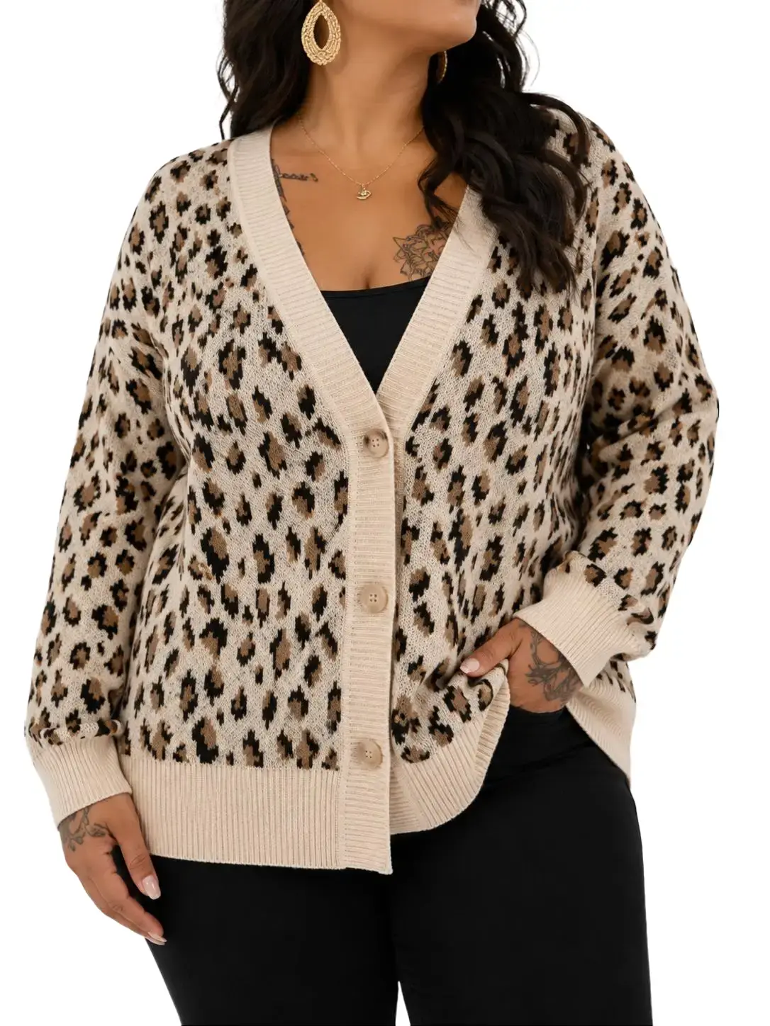 Women's Plus Size Leopard Print Knit Cardigan - Long Sleeve, Open Front, Polyester Fabric, Everyday Casual Fit Knitwear Coat