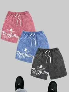 Men’s 3-Pack Summer Shorts by DonJulio featuring letter print, washed distressed finish, cotton athletic shorts with a casual loose fit, drawstring waist, pockets, retro street style, early 2000s vibe—ideal for running, golf, fishing, basketball, camping,