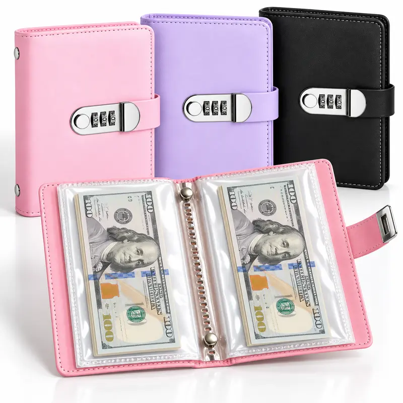 【Back to School】A6 Leather-Look Locked Savings Notebook with Code Setting, 1-Count Portable Cash Storage Notebook with Rounded Corners, Savings Challenge Tracker for Office Accounting Supplies, Portable Accounting Supplies