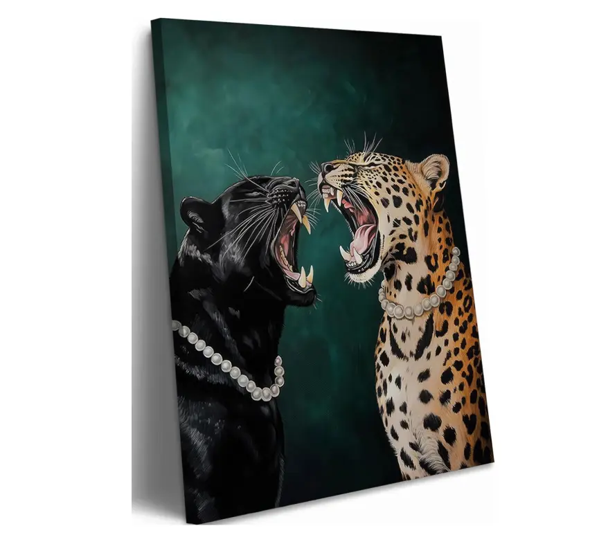 Artistic Big Cat Animal Print Wood Canvas Wall Art - Funny Cheetah, Emerald Green Leopard Aesthetic, Vintage Black Panther Artwork, Home Inspo Apartment Decor, Ideal Wedding Gift