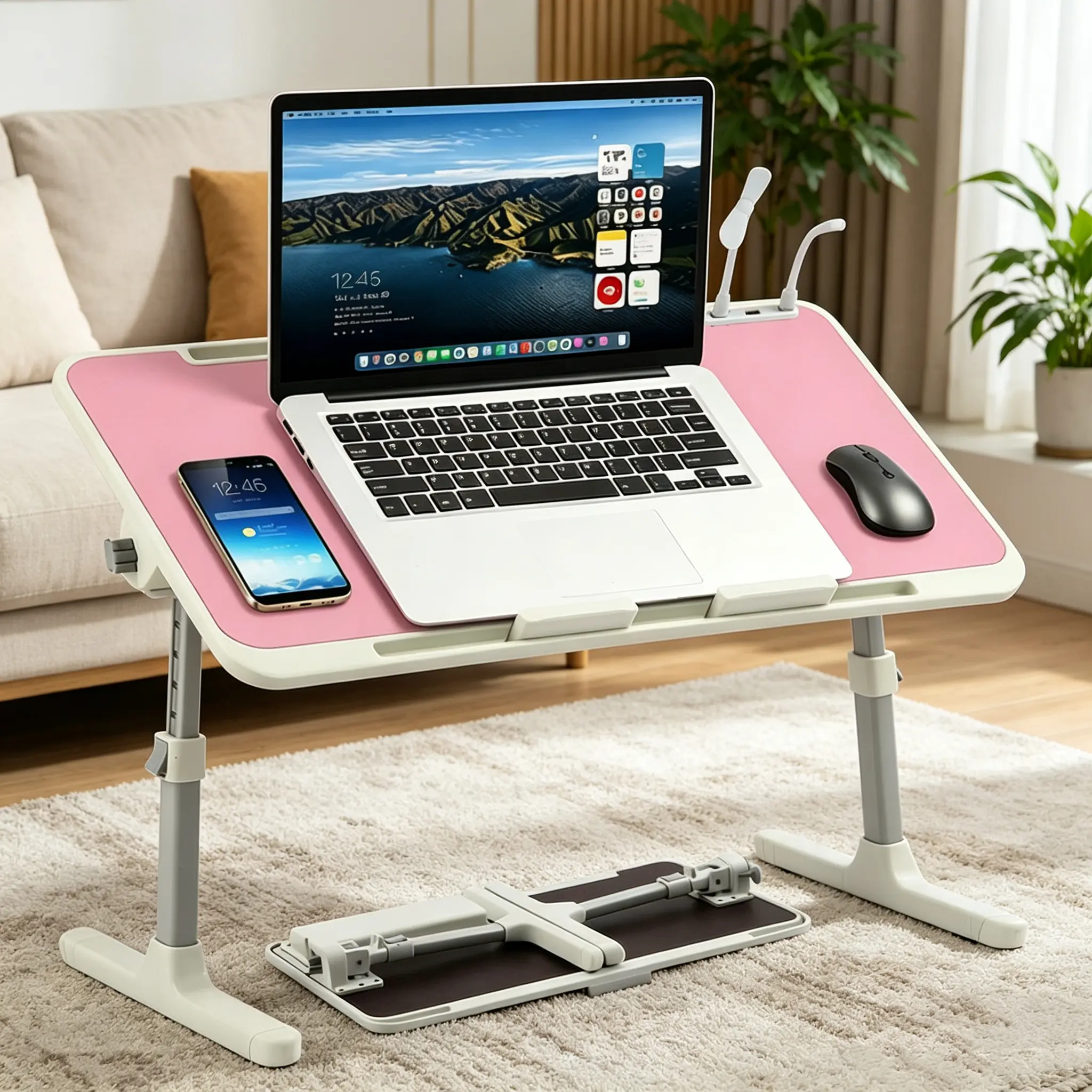 Adjustable Foldable Laptop Desk with Adjustable Height & Angle - 3 USB Ports, Cooling Fan, LED Light, Storage Drawer, Computer Stand for Laptop, Bed/Couch Tray Table for Home Office Use