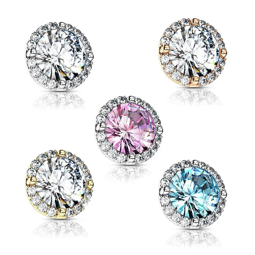 Round Prong Set CZ Center with CZ Around Internal Threaded Dermal Anchor Tops Surgical Steel 14ga