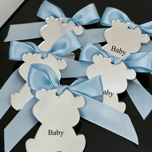 30pcs Cute Bear Acrylic Mirror Tags for Baby, Birthday Gift Labels with Ribbons, Christening Party Favor Gift Tags