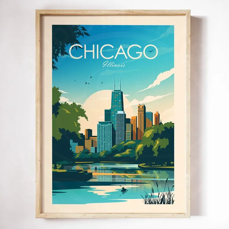 Chicago Illinois Travel Print, featuring Chicago Skyline, Art Print, Travel Print, Travel Poster, Wall Art