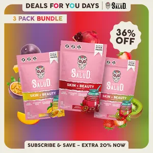 Salud 2-in-1 Collagen Peptides Dietary Supplement Drink Mix Sticks, Verisol, Hyaluronic Acid, Vitamin C, Biotin + Lustriva, Gluten-Free for Hair & Skin Hydration (3-Pack, 45 Servings)