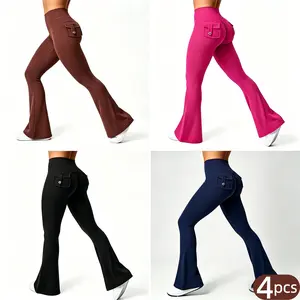 4-Pack High Waisted Flare Yoga Pants for Women, Tummy Control Butt Lifting Workout Leggings with Pockets, Stretchy Gym Activewear Bell Bottoms