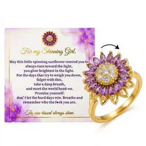 NBR7 1Pc Cubic Zirconia Spinning Purple Sunflower Fidget Ring, Gold Plated Adjustable Ring with Gift Set (Greeting Card + Pouch) - A Thoughtful Gift for Anxiety Relief Stress Relief Jewelry Gift, Perfect for Girlfriend, Bestie, or Self-Care.