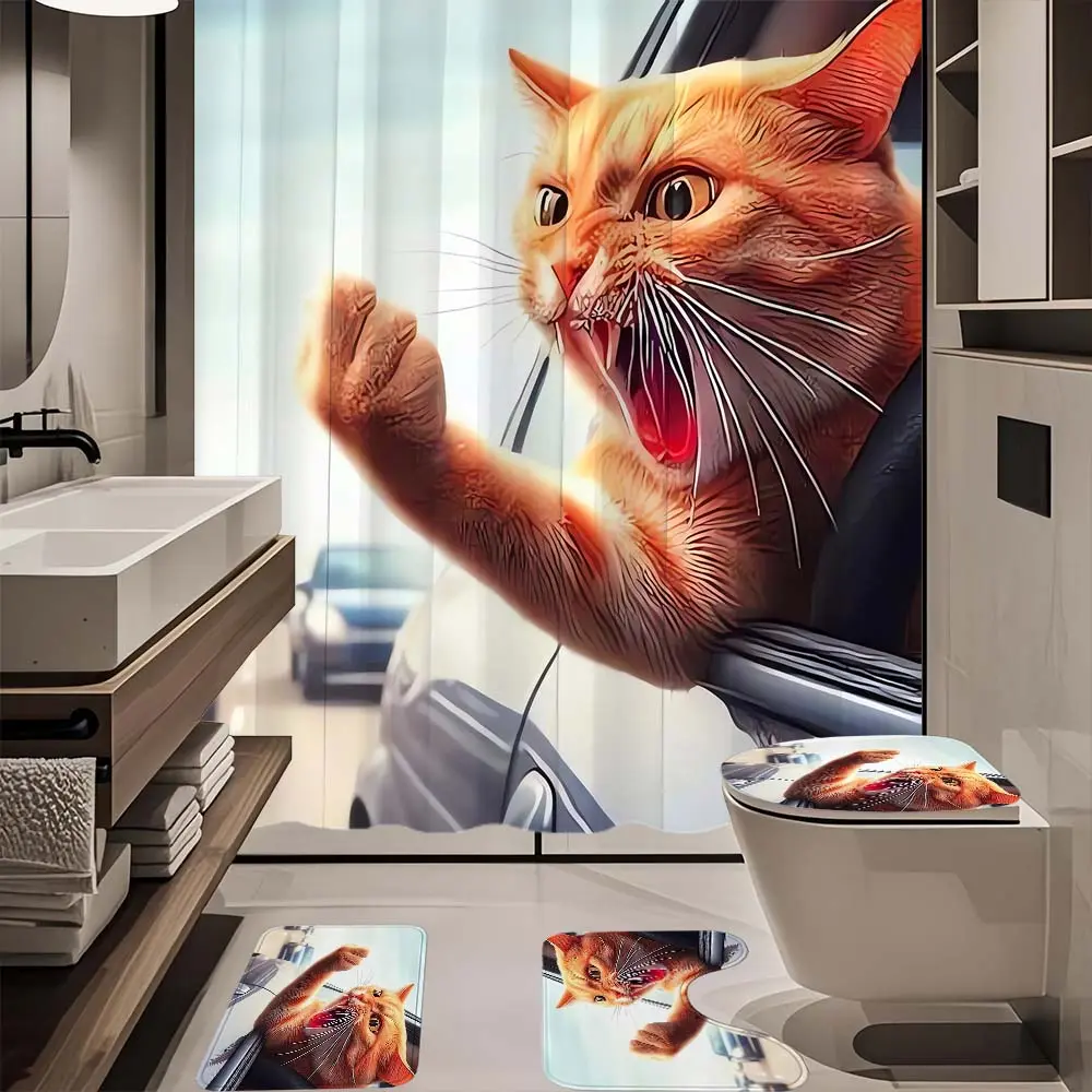 4pc Angry Kitten Pattern Bathroom Set, The 4-piece set includes a single shower curtain, anti slip floor mat, toilet U-shaped mat, toilet lid mat, with shower curtain hook, and belongs to bathroom decoration products