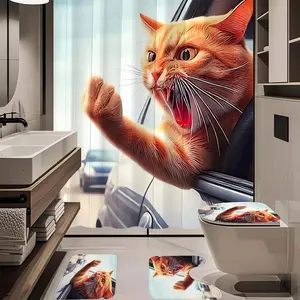 1/4pc Angry Kitten Pattern Bathroom Set, The 4-piece set includes a single shower curtain, anti slip floor mat, toilet U-shaped mat, toilet lid mat, with shower curtain hook, and belongs to bathroom decoration products