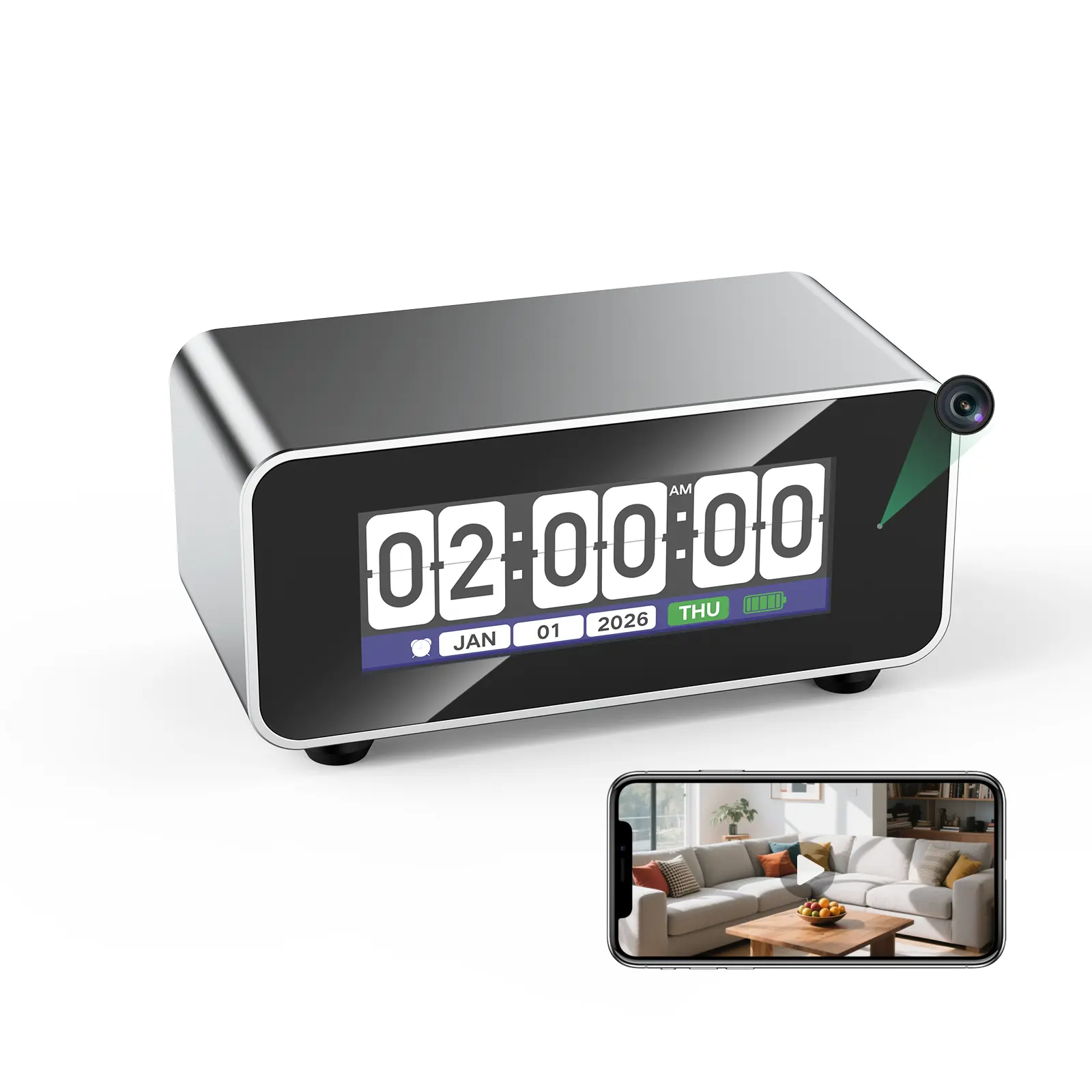 Retro Flip Vision Smart Desk Clock WiFi Security Camera - Home Cameras Indoor, 1080P HD, 3000mAh Battery, 2.4G/5G WiFi, Motion Sensor, Motion Alerts, CNC Aluminum Frame, Built-in Alarm, 32GB Memory Card, TFT Display, USB-C campingessentials, Smart Home Ga