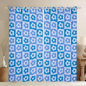 Retro Hippie Flower Darkening Drapes (2 Panels ) 60S 70S Groovy Curtains for Bedroom Vintage Boho Plant Floral Botanical Blackout Curtains Blue Plaid Window Treatments