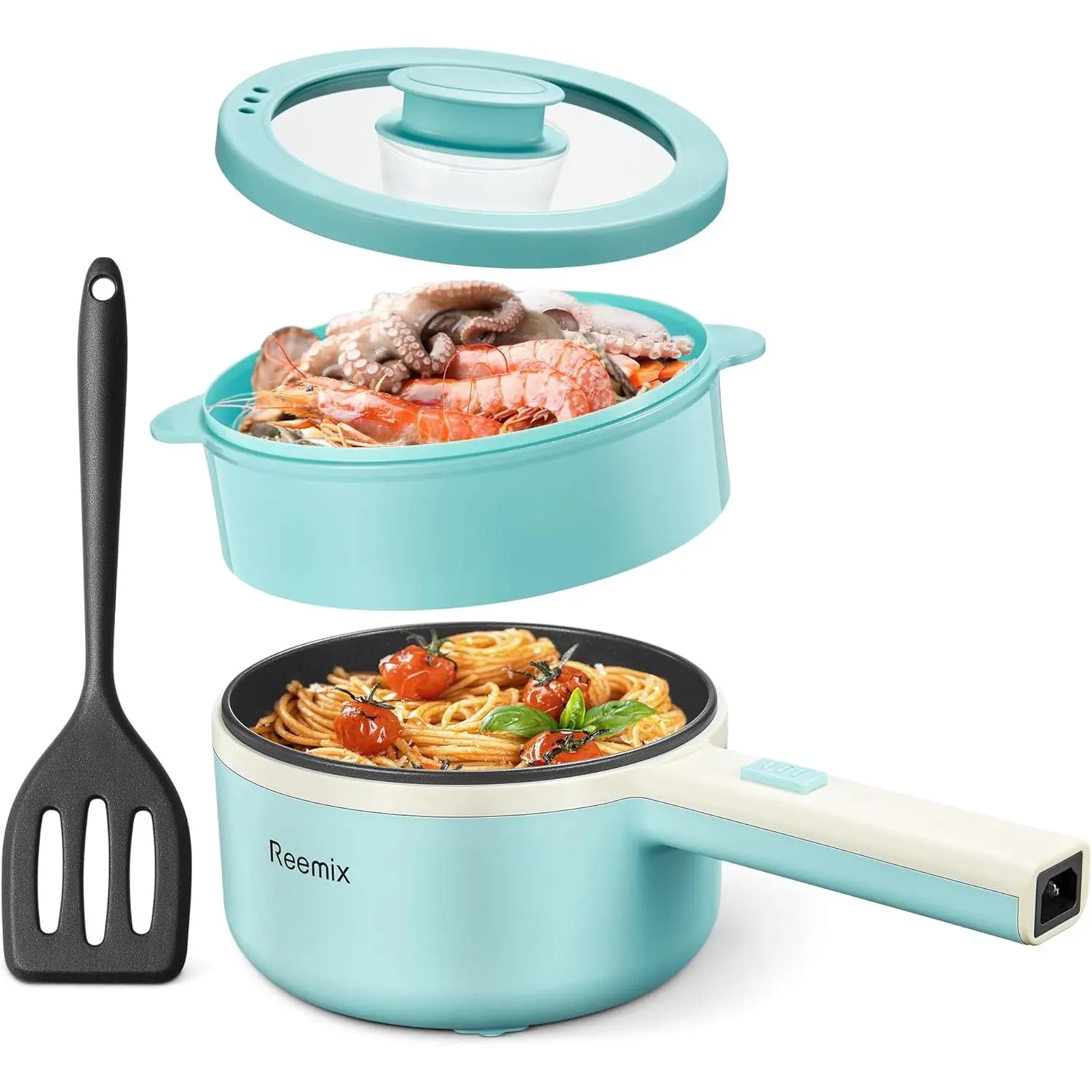 1.6L Non-Stick Electric Hot Pot with Steamer - Multifunctional Cooker, Single Space-Saving Ramen Machine & Sauté Pan, Portable for Dorm Room Use, Aqua, Apartment, Non-Stick Ramen Cooker