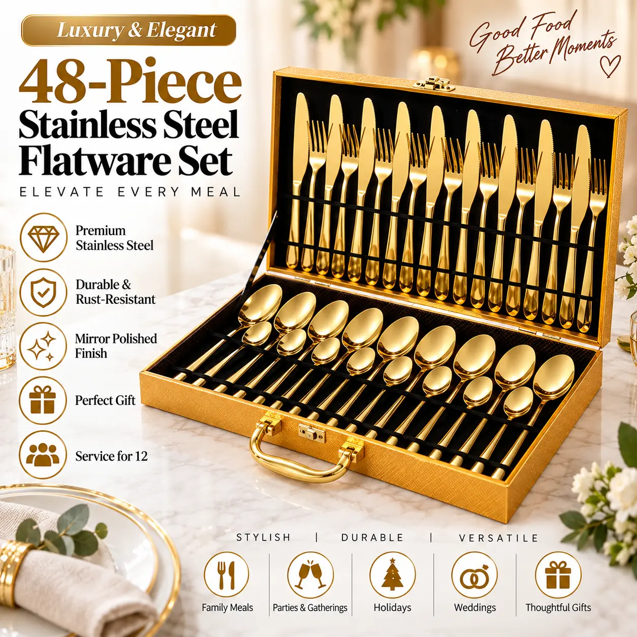 Luxury & Elegant 48-Piece Stainless Steel Flatware Set - Premium Durable Rust-Resistant Mirror Polished Finish Perfect Gift for 12 Service tableware cutlery kitchen utensil set service High-Carbon Stainless Steel dinner sets Mini Ceramic Fondue Pot Set