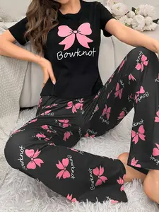 Women's Knit Fabric Sleepwear Set, Bow Tie Knot Pajamas, Short Sleeve Long Pants, Casual Home Wear Loungewear, Comfortable and Stylish