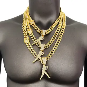 MaxBling81 Men's Iced Out Hip-Hop Baseball Hitter Pendant Necklace, Gold-Silver Plated CZ, 13mm Cuban Link Design Chain (18"-30") with Box Lock, Chain Link Necklaces, Fashionable Daily Costume Accessory